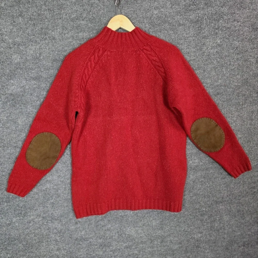Vintage Lands' End Sweater Womens L Red Lambswool Cable Knit Suede Elbow Patches - Picture 4 of 9